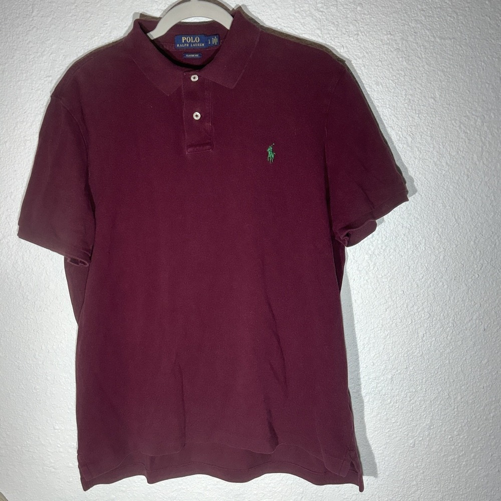 Polo Ralph Lauren Men's Polo Shirt Classic Fit Maroon Red With Green Pony Large